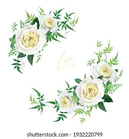 Light yellow and greenery floral editable bouquet set. Elegant cabbage rose flowers, maidenhair fern, vine green leaves, eucalyptus branches vector art illustration. Wedding invite, save the date card