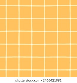 Hellgelbes Gitter auf orangefarbenem Hintergrund nahtlose Vektorgrafik Muster. Handgezeichnetes weißes Gitter auf einem Senfhintergrund minimalistisches kariertes Scheckmuster. Klassisches orangefarbenes Plaid-Design.