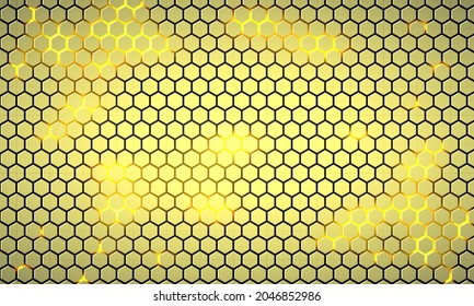 Light yellow hexagonal technology abstract vector background with neon colored bright flashes under hexagon. Yellow hexagonal energy gaming vector abstract honeycomb background.