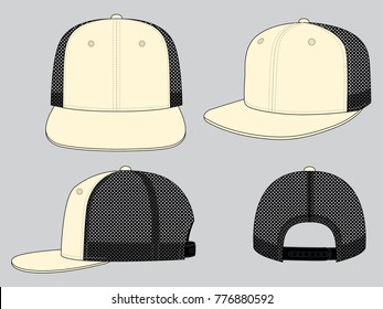 Light Yellow hip hop cap with mesh black at side and back panels, adjustable snap back closure strap template on white background, vector file.