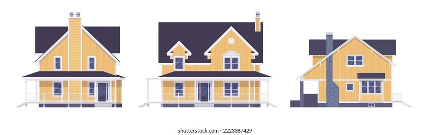 Light yellow home exterior, facade cartoon set. Buying dream house with garage, building decor for designers, architects, builders, homebuyer architectural inspiration. Vector flat style illustration