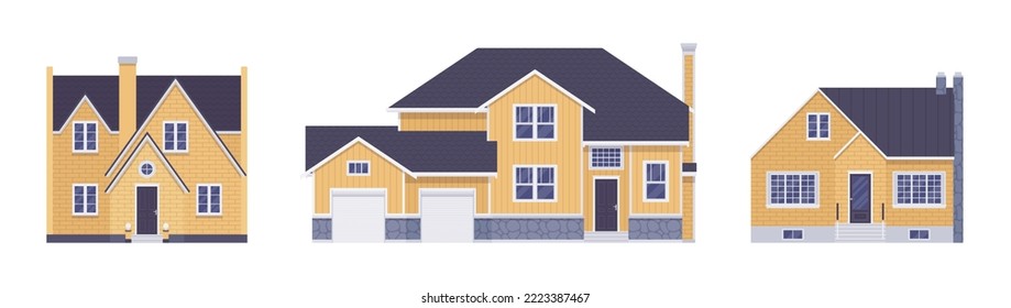 Light yellow home exterior, facade cartoon set. Buying dream house with garage, building decor for designers, architects, builders, homebuyer architectural inspiration. Vector flat style illustration