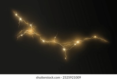 Luz amarillo aislado Vector rayo png. Efecto de relámpago de neón natural realista Tormenta de truenos. Fortaleza Recargo de energía Trueno. Luz de relámpago Blitz Thunder enciende destello de tormenta	