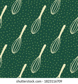 Light yellow kitchen corolla silhouettes seamless pattern. Mixing cooking tools artwork with green dotted background. Designed for wallpaper, textile, wrapping paper, fabric print. Vector illustration
