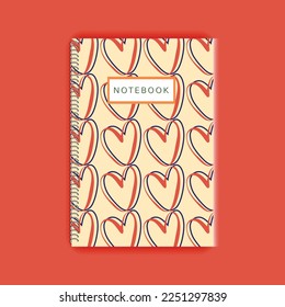 light yellow notebook spiral cover diary with heart shapes design background, illustration of book cover design with heart icons, notebook cover design for kids