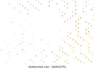 Light Yellow, Orange vector background with Euro, Yen, Pound. Abstract illustration with colored financial digital symbols. Template for ads of markets, loans.