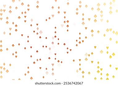 Amarelo claro, fundo de vetor laranja com sinais de cartas. Gradiente colorido com sinais de corações, espadas, paus, diamantes. Padrão para livretos, folhetos de casas de jogo.