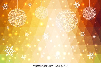 Light Yellow, Orange vector christmas polygon background. Low poly Illustration consisting of triangles with snowflakes. Texture, seamless background of New Year celebration.