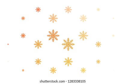 Light Yellow, Orange vector cover with beautiful snowflakes. Snow on blurred abstract background with gradient. New year design for your ad, poster, banner.