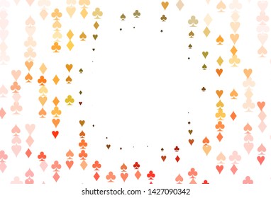 Light Yellow, Orange vector cover with symbols of gamble. Shining illustration with hearts, spades, clubs, diamonds. Smart design for your business advert of casinos.