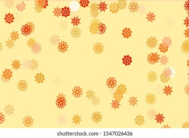 Light Yellow, Orange vector cover with beautiful snowflakes. Decorative shining illustration with snow on abstract template. The pattern can be used for new year ad, booklets.