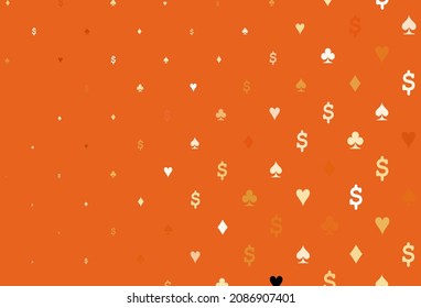 Light yellow, orange vector pattern with symbol of cards. Shining illustration with hearts, spades, clubs, diamonds. Pattern for ads of parties, events in Vegas.