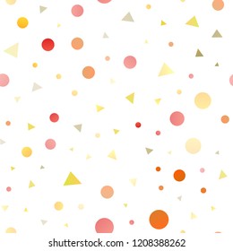Light Yellow, Orange vector seamless pattern in polygonal style with circles. Circles, lines on abstract background with colorful gradient. Trendy design for wallpaper, fabric makers.
