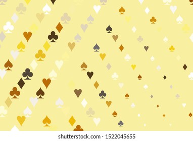 Light Yellow, Orange vector template with poker symbols. Colorful gradient with signs of hearts, spades, clubs, diamonds. Pattern for ads of parties, events in Vegas.