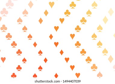 Light Yellow, Orange vector texture with playing cards. Shining illustration with hearts, spades, clubs, diamonds. Pattern for ads of parties, events in Vegas.