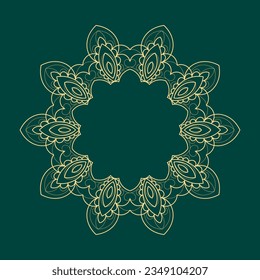 Light yellow outline ornamental circular pattern on dark green background. Card template design. Vector illustration.