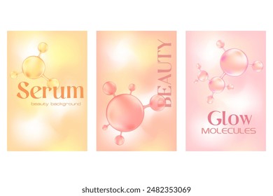 Light yellow, peach, pink collagen peptide or hyaluronic acid molecule poster set, serum chemical formula. Beauty treatment nutrition skincare background with copy space.