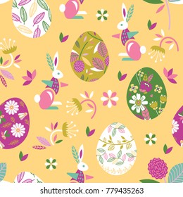 Light yellow seamless pattern with rabbits and Easter eggs. Happy easter!