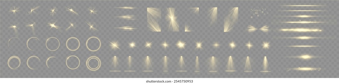 Light yellow Star, Soft Sunny Sparkle. Blue Flash and White Light. Sparkle, dust, line, solar flare, spark and stars, spotlight, curve. Spotlight and Star with Bokeh and Dust Effect. Glowing Abstract 