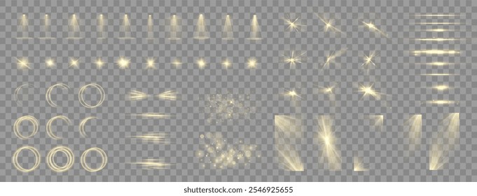 Light yellow Star, Soft Sunny Sparkle. Blue Flash and White Light. Sparkle, dust, line, solar flare, spark and stars, spotlight, curve. Spotlight and Star with Bokeh and Dust Effect. Glowing Abstract 