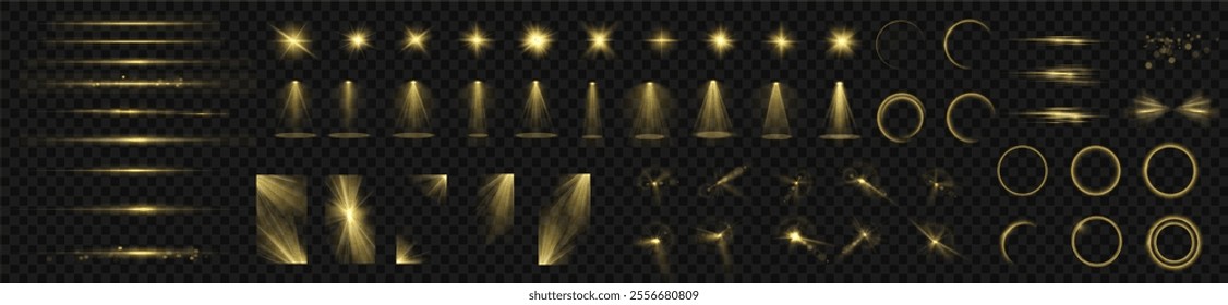 Light yellow Star, Soft Sunny Sparkle. Blue Flash and White Light. Sparkle, dust, line, solar flare, spark and stars, spotlight, curve. Spotlight and Star with Bokeh and Dust Effect. Glowing Abstract	