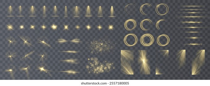 Light yellow Star, Soft Sunny Sparkle. Blue Flash and White Light. Sparkle, dust, line, solar flare, spark and stars, spotlight, curve. Spotlight and Star with Bokeh and Dust Effect. Glowing Abstract	