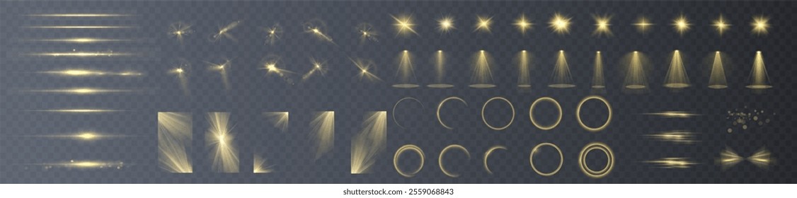 Light yellow Star, Soft Sunny Sparkle. Blue Flash and White Light. Sparkle, dust, line, solar flare, spark and stars, spotlight, curve. Spotlight and Star with Bokeh and Dust Effect. Glowing Abstract	