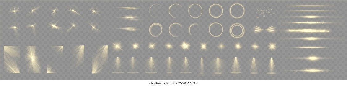 Light yellow Star, Soft Sunny Sparkle. Blue Flash and White Light. Sparkle, dust, line, solar flare, spark and stars, spotlight, curve. Spotlight and Star with Bokeh and Dust Effect. Glowing Abstract	