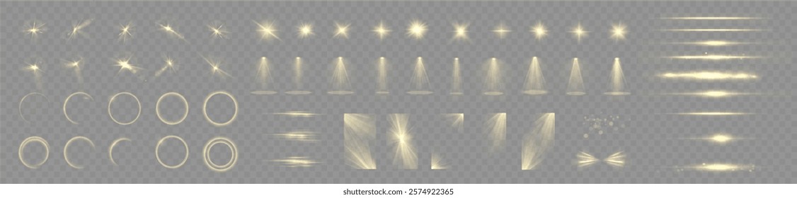 Light yellow Star, Soft Sunny Sparkle. Blue Flash and White Light. Sparkle, dust, line, solar flare, spark and stars, spotlight, curve. Spotlight and Star with Bokeh and Dust Effect. Glowing Abstract	