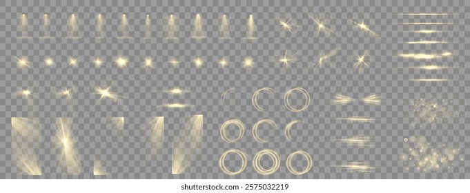 Light yellow Star, Soft Sunny Sparkle. Blue Flash and White Light. Sparkle, dust, line, solar flare, spark and stars, spotlight, curve. Spotlight and Star with Bokeh and Dust Effect. Glowing Abstract	