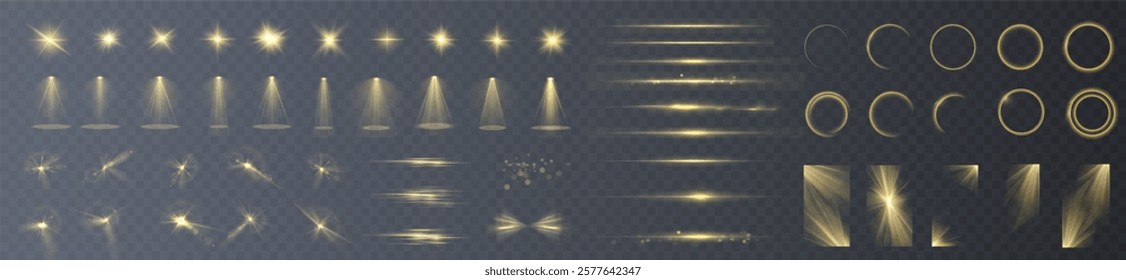 Light yellow Star, Soft Sunny Sparkle. Blue Flash and White Light. Sparkle, dust, line, solar flare, spark and stars, spotlight, curve. Spotlight and Star with Bokeh and Dust Effect. Glowing Abstract	