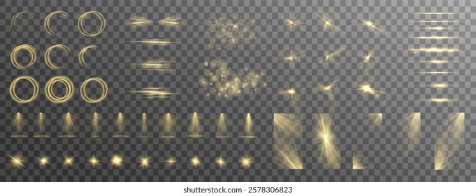 Light yellow Star, Soft Sunny Sparkle. Blue Flash and White Light. Sparkle, dust, line, solar flare, spark and stars, spotlight, curve. Spotlight and Star with Bokeh and Dust Effect. Glowing Abstract	