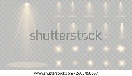 Light yellow Star, Soft Sunny Sparkle. Blue Flash and White Light. Sparkle, dust, line, solar flare, spark and stars, spotlight, curve. Spotlight and Star with Bokeh and Dust Effect. Glowing Abstract 