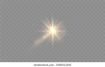 Light yellow star. Light sunny sparkle. White light flash gold. Vector illustrator. lighting effects. Beam a spotlight and a star with bokeh and dust. Glowing abstract isolated lenses with light effec