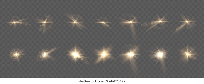 Light yellow star. Light sunny sparkle. White light flash gold. Vector illustrator. lighting effects. Beam a spotlight and a star with bokeh and dust. Glowing abstract isolated lenses with light effec