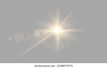 Light yellow star. Light sunny sparkle. White light flash gold. Vector illustrator. lighting effects. Beam a spotlight and a star with bokeh and dust. Glowing abstract isolated lenses with light effec