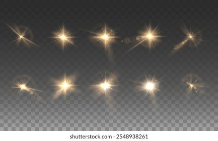 Light yellow star. Light sunny sparkle. White light flash gold. Vector illustrator. lighting effects. Beam a spotlight and a star with bokeh and dust. Glowing abstract isolated lenses with light effec