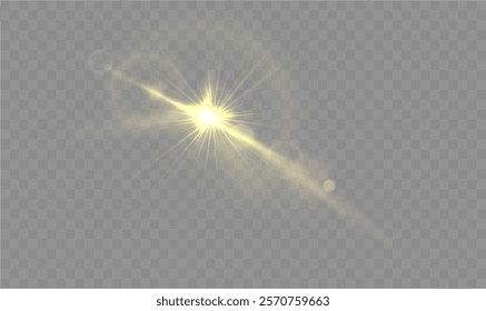 Light yellow star. Light sunny sparkle. White light flash gold. Vector illustrator. lighting effects Beam a spotlight and a star with bokeh and dust. Glowing abstract isolated lenses with light effect