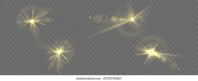 Light yellow star. Light sunny sparkle. White light flash gold. Vector illustrator. lighting effects Beam a spotlight and a star with bokeh and dust. Glowing abstract isolated lenses with light effect