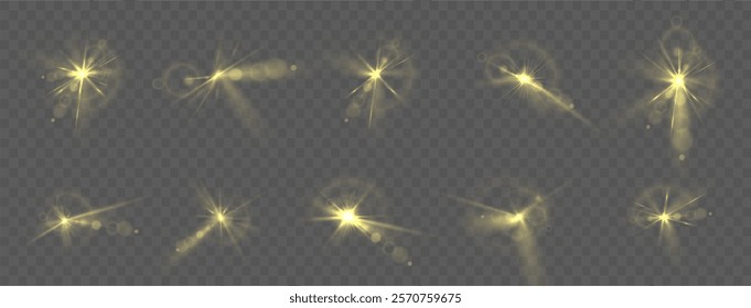 Light yellow star. Light sunny sparkle. White light flash gold. Vector illustrator. lighting effects Beam a spotlight and a star with bokeh and dust. Glowing abstract isolated lenses with light effect