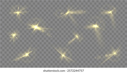 Light yellow star. Light sunny sparkle. White light flash gold. Vector illustrator. lighting effects Beam a spotlight and a star with bokeh and dust. Glowing abstract isolated lenses with light effect