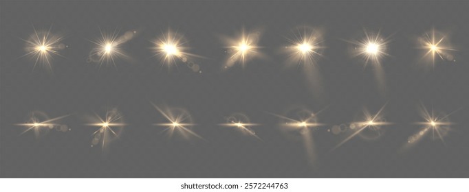 Light yellow star.Light sunny sparkle. White light flash gold. Vector illustrator. lighting effects. Beam a spotlight and a star with bokeh and dust. Glowing abstract isolated lenses with light effect