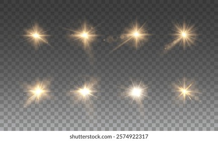 Light yellow star.Light sunny sparkle. White light flash gold. Vector illustrator. lighting effects. Beam a spotlight and a star with bokeh and dust. Glowing abstract isolated lenses with light effect