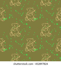 Light yellow Teddy bears on a beige background with spots. Seamless pattern. Vector. Fabric. Packing.