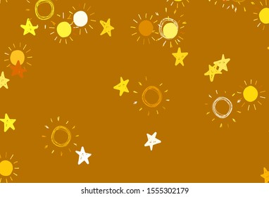 Light Yellow vector background with colorful stars, suns. Shining illustration with stars, suns on abstract template. Pattern for futuristic ad, booklets.