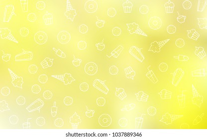 Light Yellow vector cover with set of confections. Blurred decorative design of desserts in doodle style. Pattern for menu of cafes and restaurants.