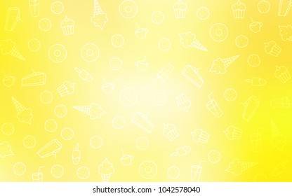 Light Yellow vector cover with set of confections. Glitter abstract sketch with sweets, candies, desserts. Doodle design for your business advert of cafes.
