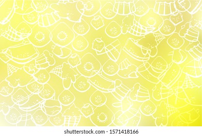 Light Yellow vector cover with set of confections. Blurred decorative design of desserts in doodle style. Pattern for menu of cafes and restaurants.