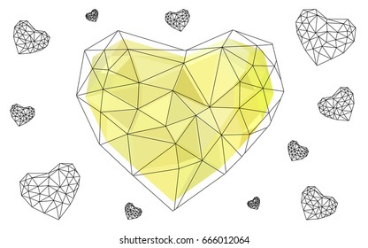 Light Yellow vector greeting Card Happy Valentine's Day. Lettering with hearts on the white polygonal background. Colored triangular illustration for your business.