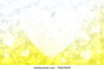 Light Yellow vector greeting Card Happy Valentine's Day. Lettering with hearts on the white polygonal background. Colored triangular illustration for your business.